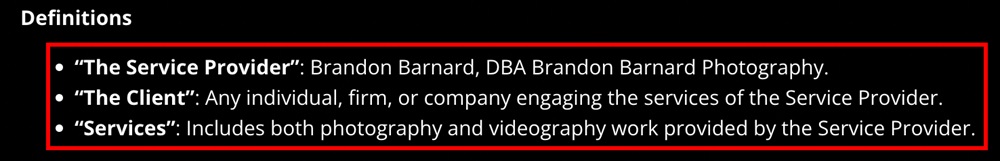 Brandon Barnard Photography Terms and Conditions: Definitions clause