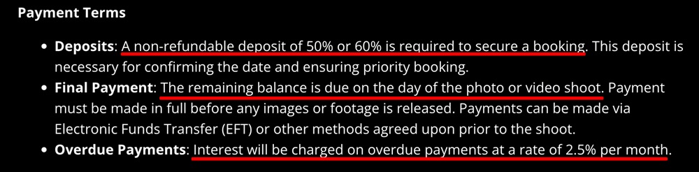 Brandon Barnard Photography Terms and Conditions: Payment terms clause