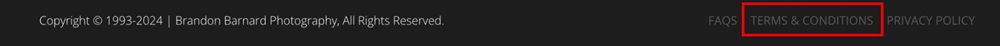 Brandon Barnard Photography website footer with Terms and Conditions link highlighted