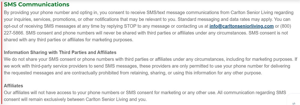 Carlton Senior Living Privacy Policy: SMS Communications clause