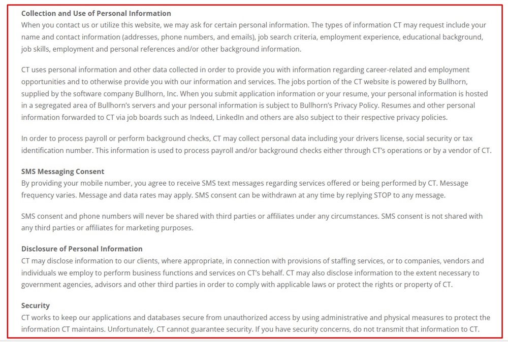 Crawford Thomas Recruiting Privacy Notice: Collection and Use of Personal Information
