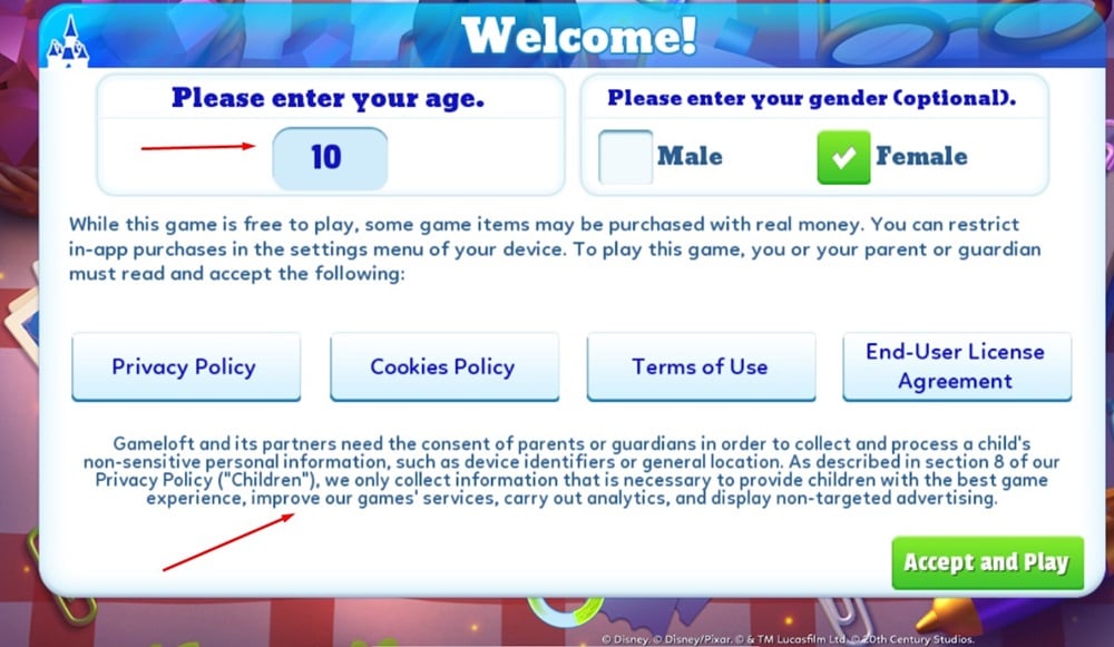 Disney Magic Kingdoms game Age verification and accept legal agreements screen with underage and parental consent notice
