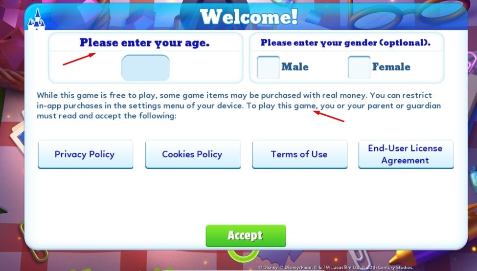 Disney Magic Kingdoms game Age verification and accept legal agreements screen