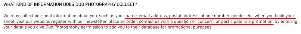 Duo Photography Privacy Policy: Data collection clause