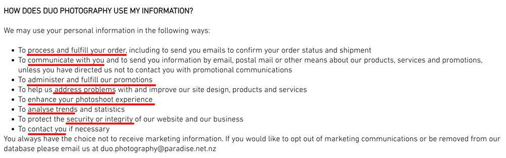 Duo Photography Privacy Policy: How does Duo use information clause