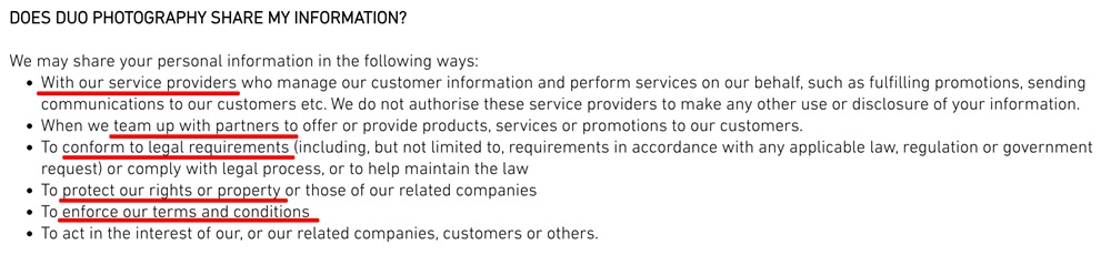 Duo Photography Privacy Policy: How does Duo share information clause