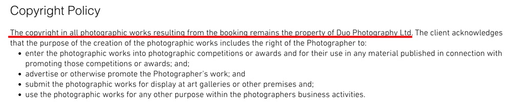 Duo Photography Terms and Conditions: Copyright Policy clause