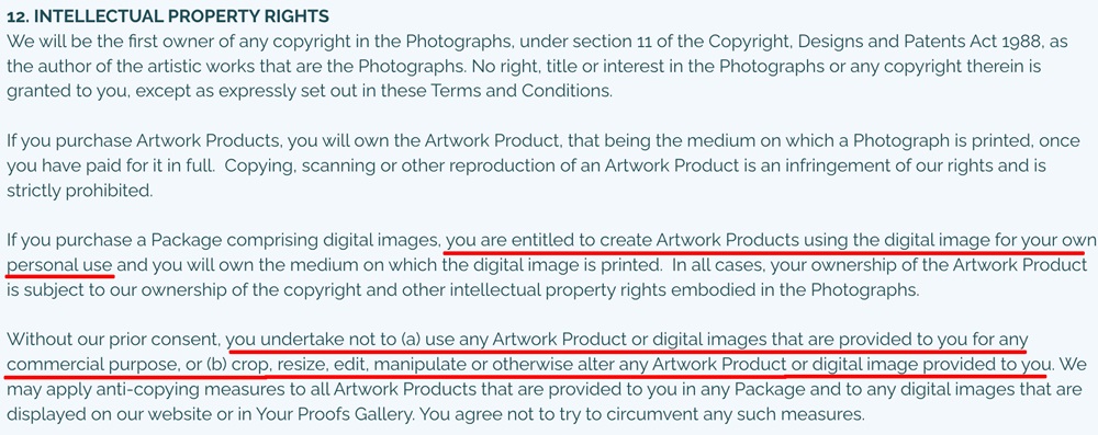 Emma Gibson Photography Terms and Conditions: Intellectual property rights clause