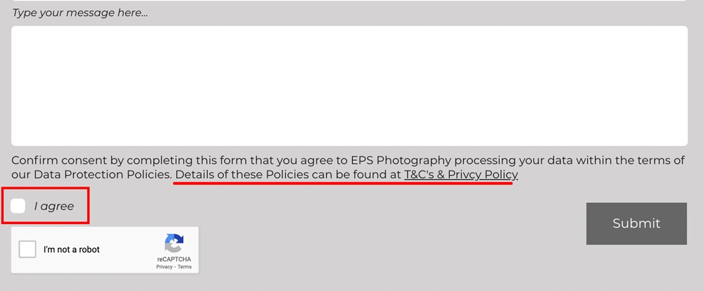 EPS Photography contact form with Terms and Conditions and agree checkbox highlighted