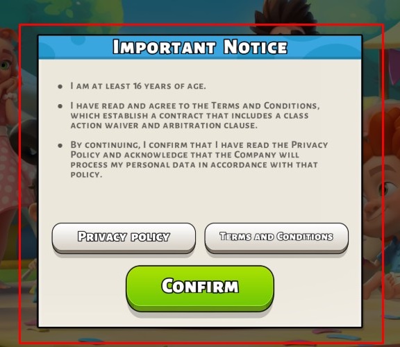 Family Island game: Age verification and agree to legal agreements consent screen