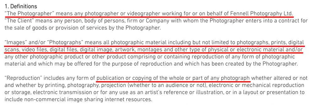 Fennell Photography Terms and Conditions: Definitions clause
