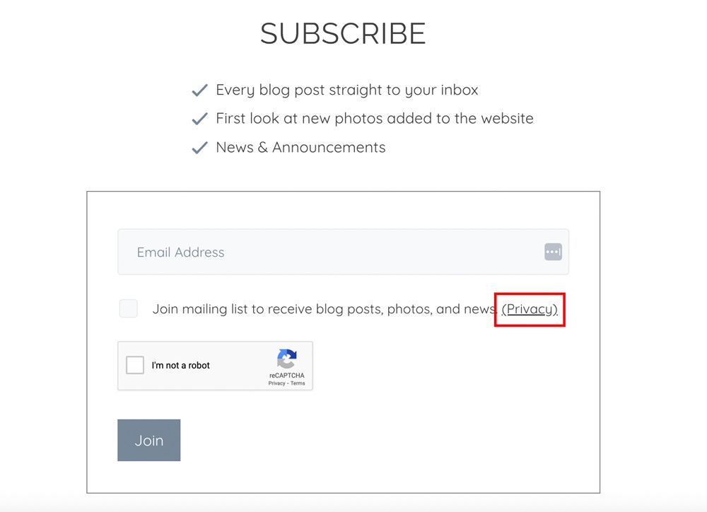 George Wheelhouse Join mailing list form with Privacy Policy link highlighted
