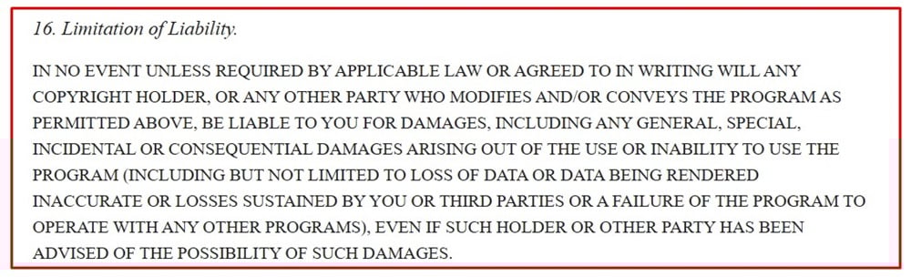 GNU GPL Basic Limitation of liability section