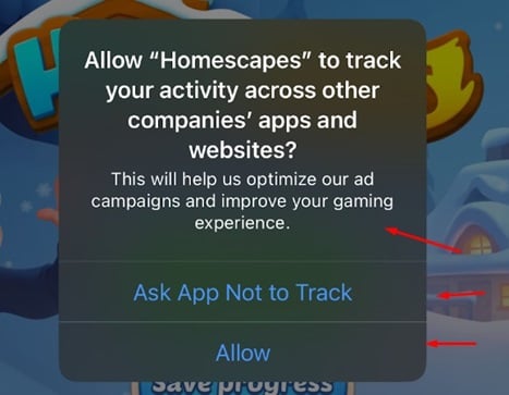 Homescapes game Accept tracking pop-up