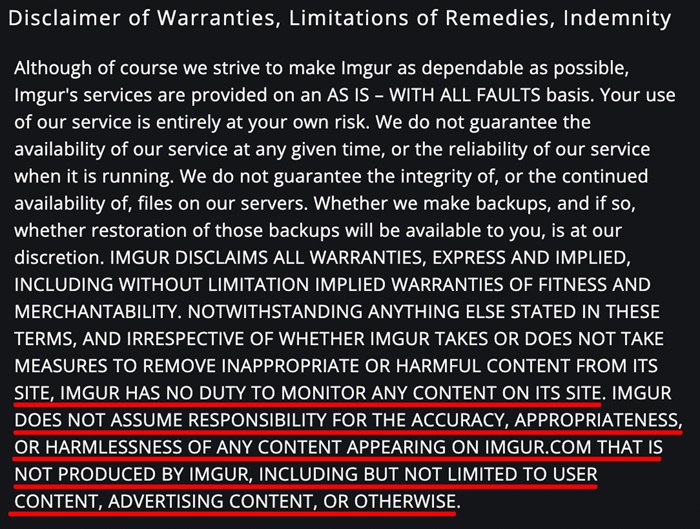 Imgur Terms of Service: Disclaimer of warranties clause