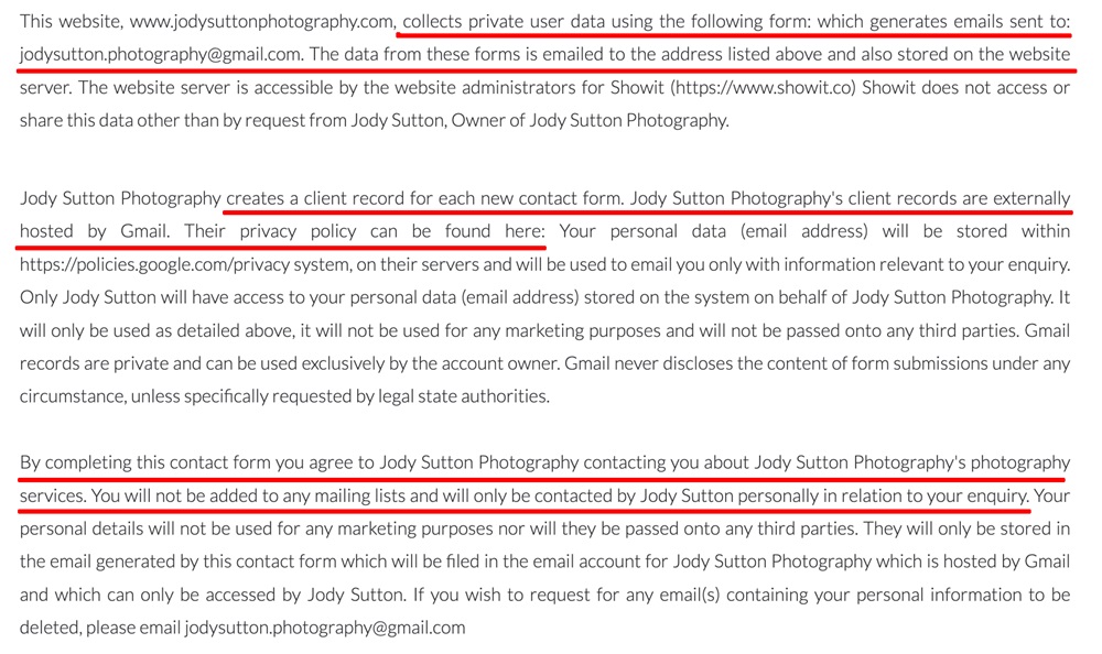 Jody Sutton Photography Privacy Policy: Data collection clause