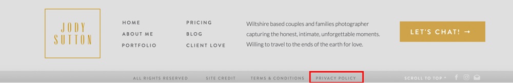 Jody Sutton Photography website footer with Privacy Policy link highlighted