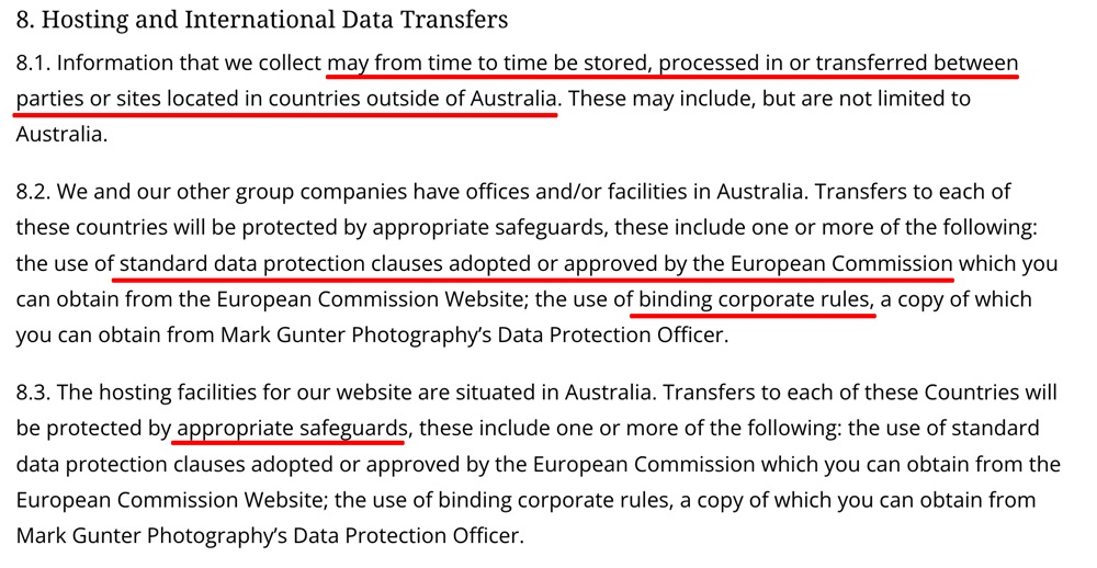 Mark Gunter Photography Privacy Policy: International data transfer clause