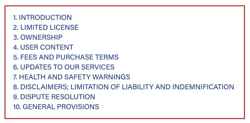 Monopoly Go game Terms of Service table of contents