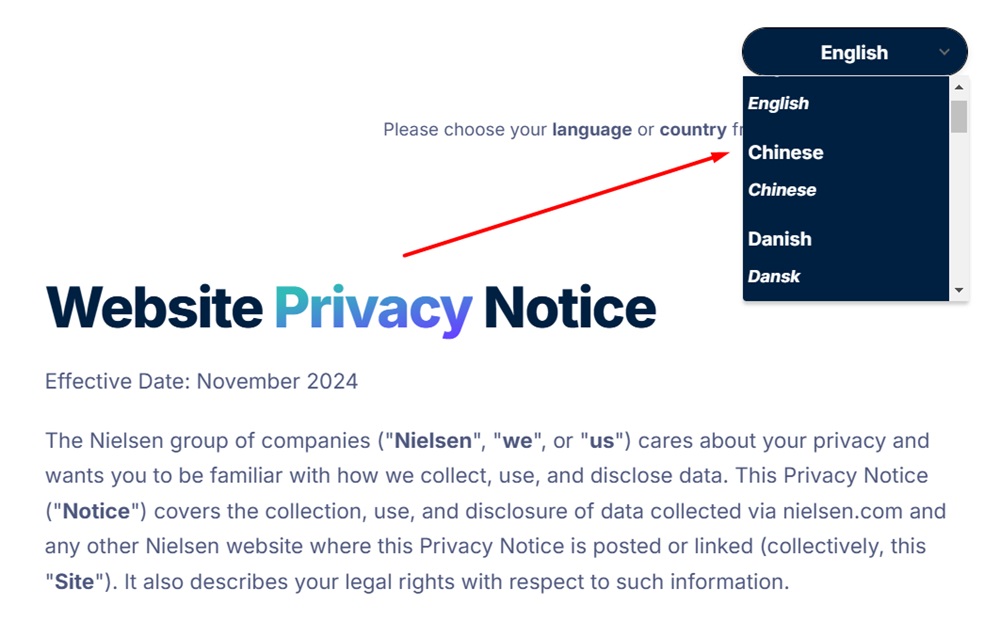 Nielsen Website Privacy Notice intro section with language selection menu - English version