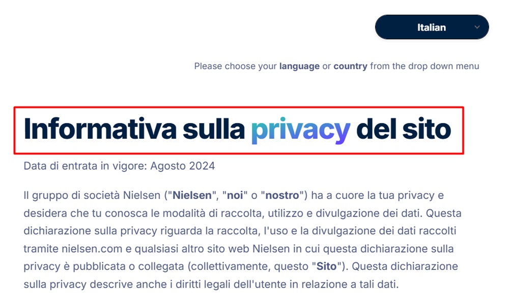 Nielsen Website Privacy Notice intro section with language selection menu - Italian version