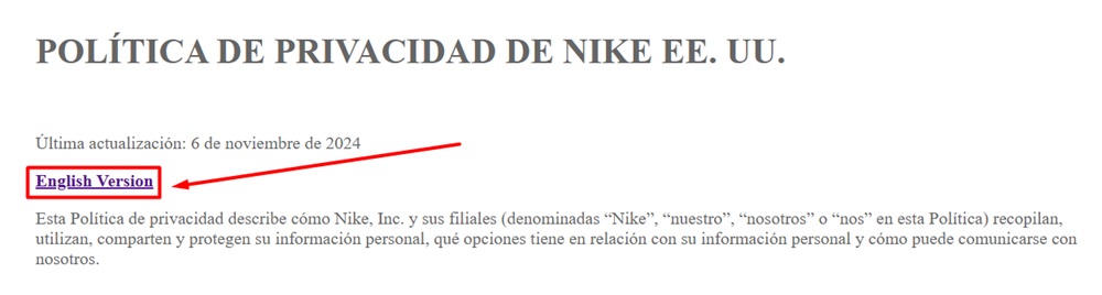Nike Privacy Policy with English language selection button highlighted