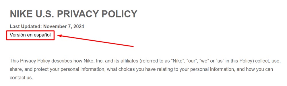 Nike U.S. Privacy Policy with Spanish language selection button highlighted