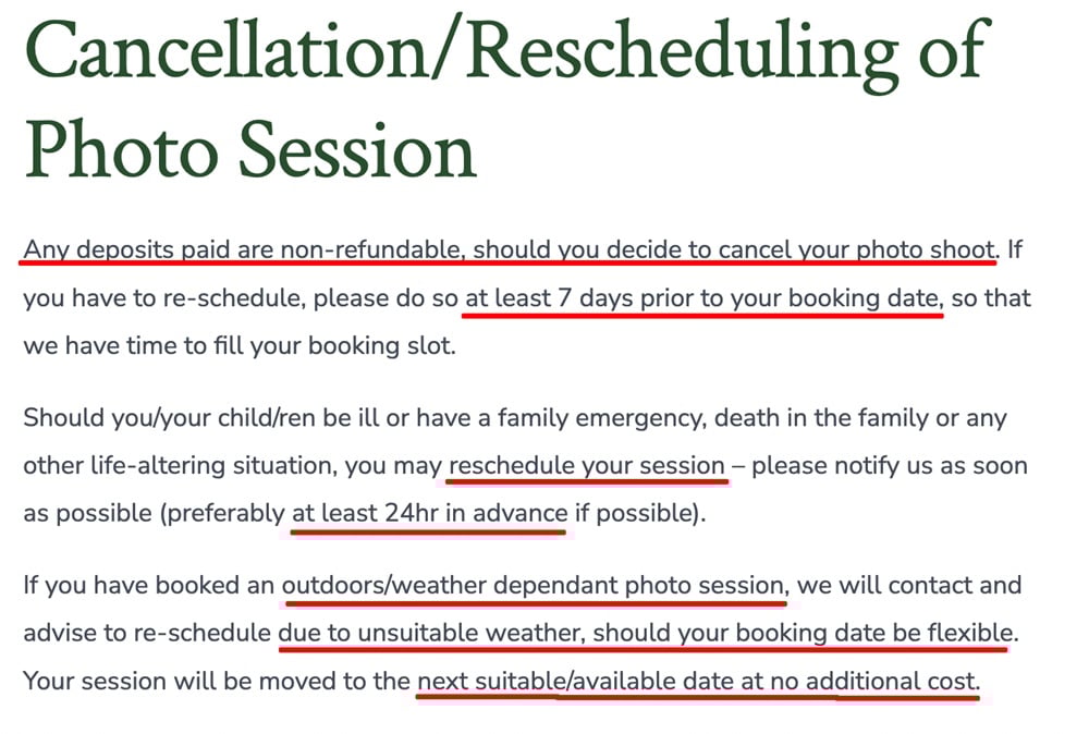 Niki Design Photography Terms and Conditions: Cancellation Rescheduling of Photo Session clause