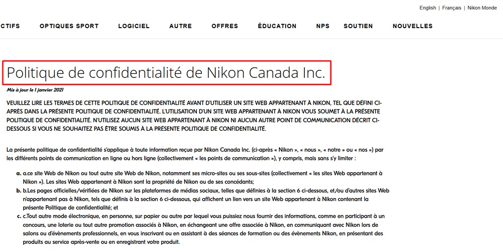 Nikon Canada Privacy Policy intro in French translation
