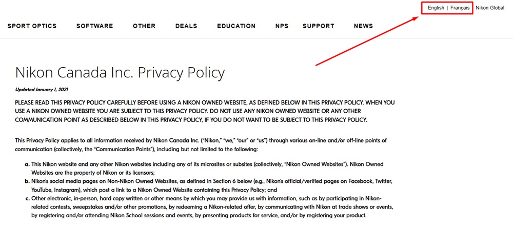 Nikon Canada Privacy Policy with language selection buttons highlighted