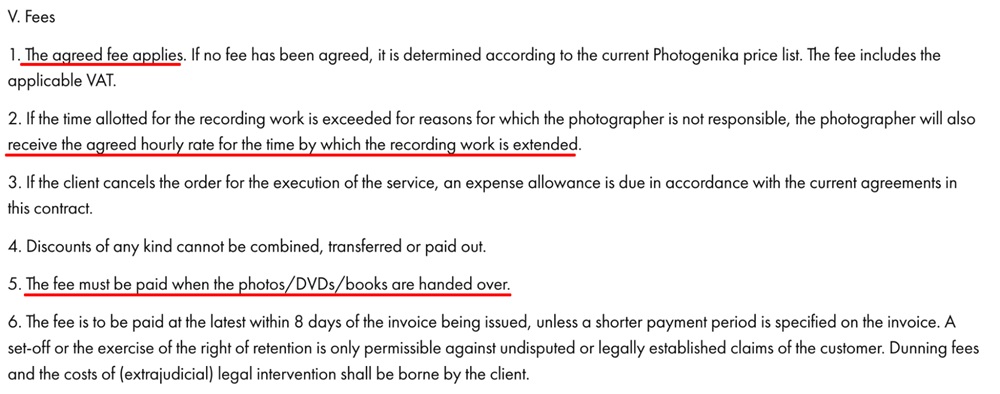 Photogenika Terms and Conditions: Fees clause