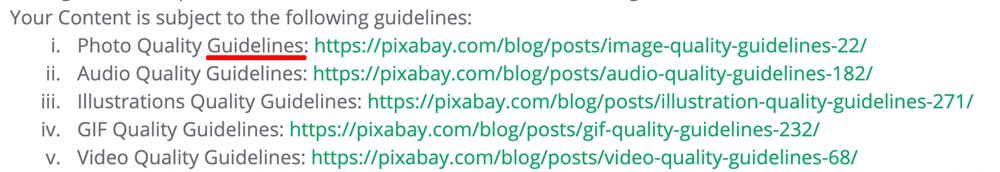 Pixabay Terms of Service: User generated content guidelines link list