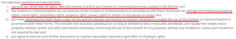 Pixabay Terms of Service: Warranty of user content clause