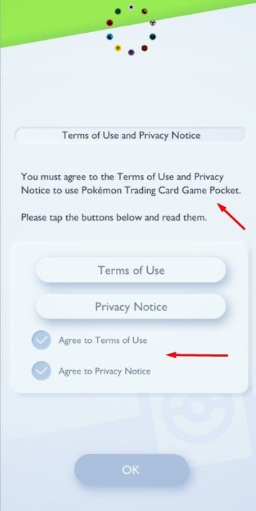 Pokemon TCG Pocket game Agree to Terms and Privacy screen