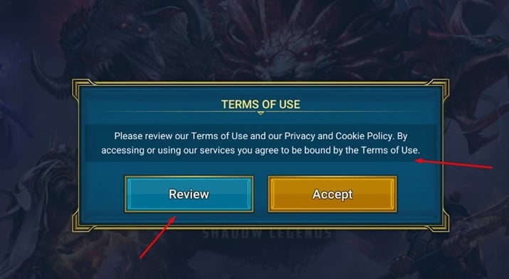 RAID Shadow Legends game Accept Terms of Use screen