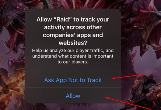 RAID Shadow Legends game Allow tracking permissions screen