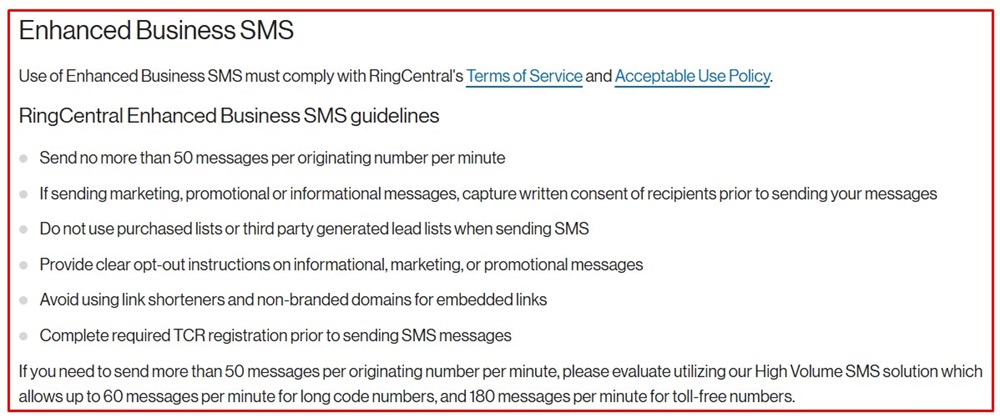 RingCentral SMS MMS Content Policies: Enhanced Business SMS Guidelines section