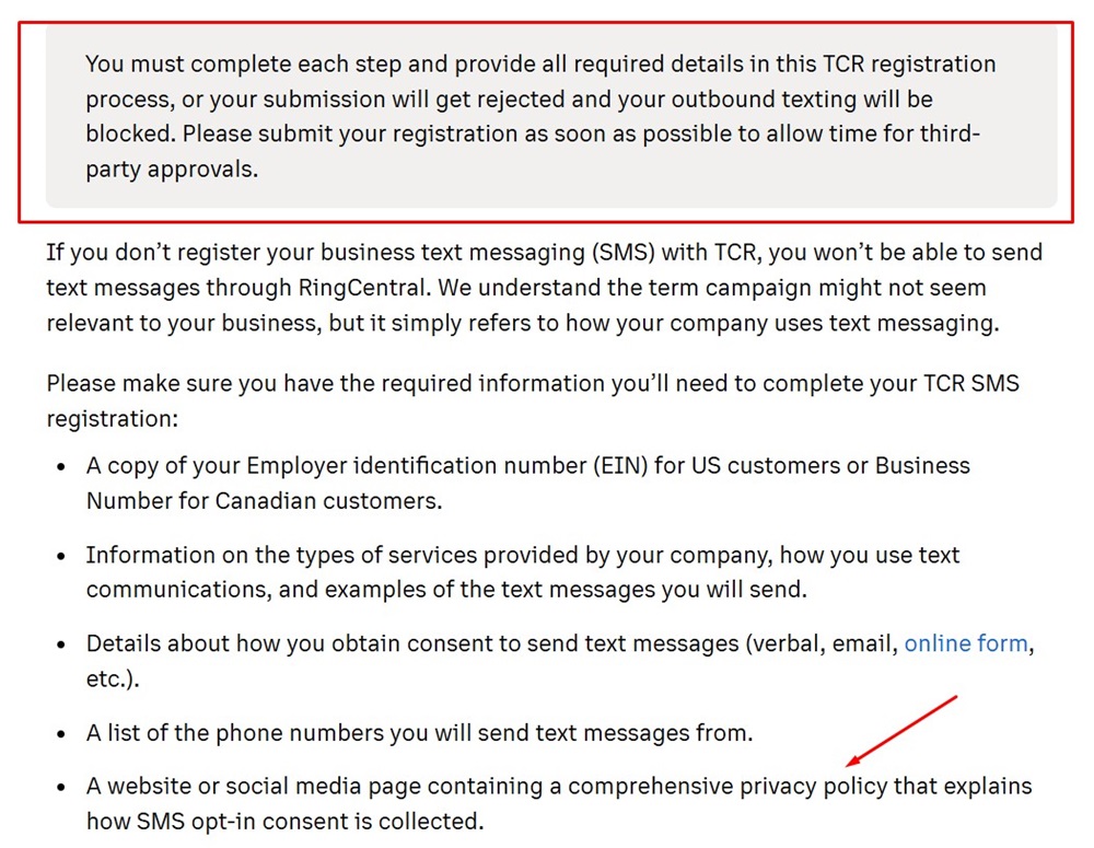 RingCentral Support: Privacy Policy requirement section