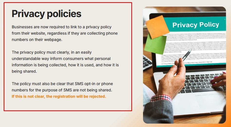 RingCentral TCR SMS Customers Best Practices: Privacy Policies section