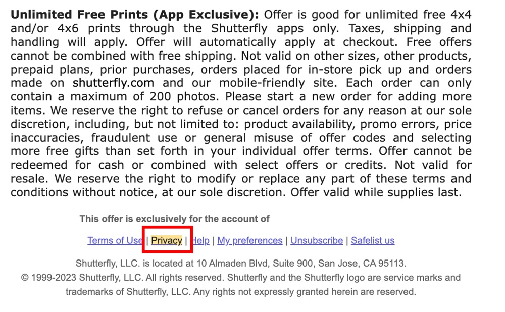 Shutterfly email footer with Privacy Policy link highlighted