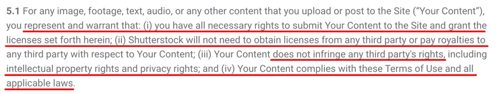 Shutterstock Terms of Use: Warranty of your content clause