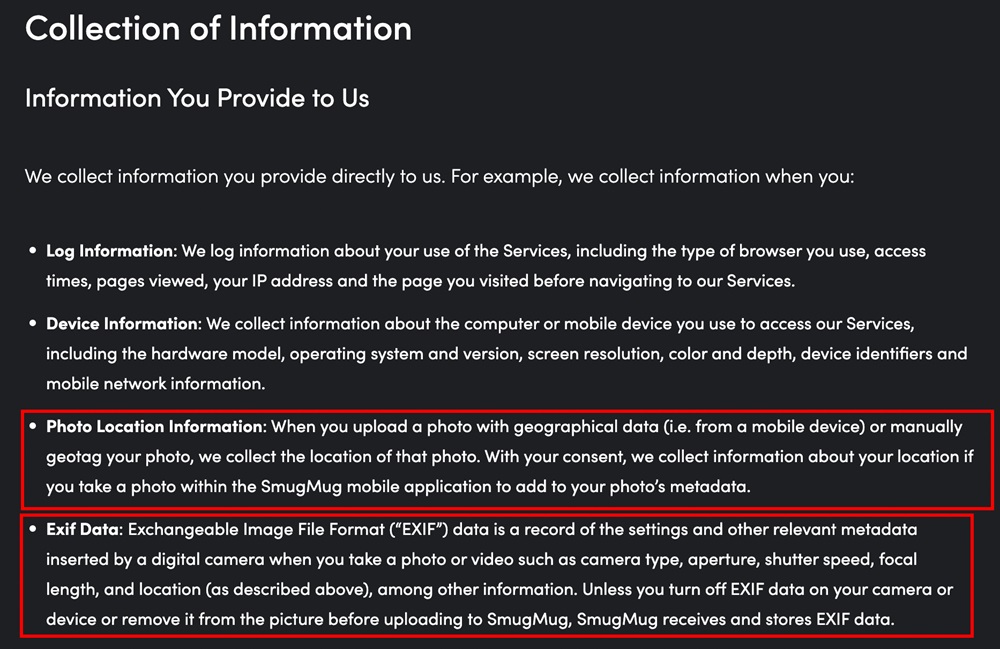 SmugMug Privacy Policy: Collection of information clause