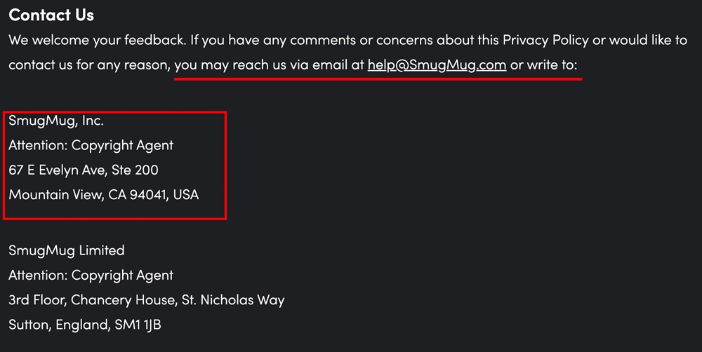 SmugMug Privacy Policy: Contact clause