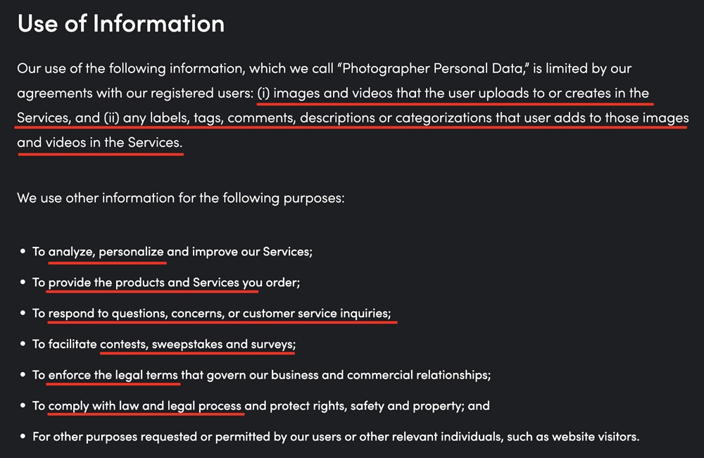 SmugMug Privacy Policy: Use of information clause