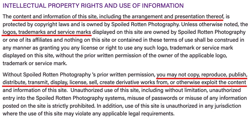 Spoiled Rotten Photography Terms and Conditions: Intellectual Property Rights and Use of Information clause