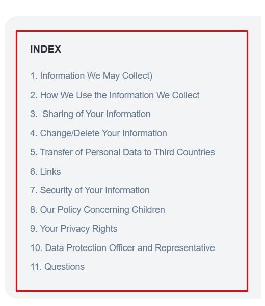 Summoners War game Privacy Policy table of contents