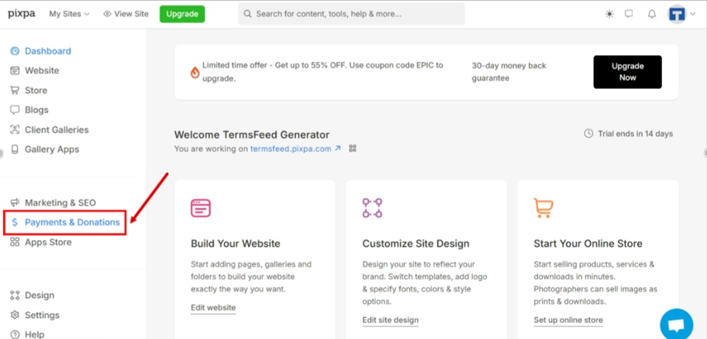TermsFeed Pixpa - Dashboard - Payment and Donations