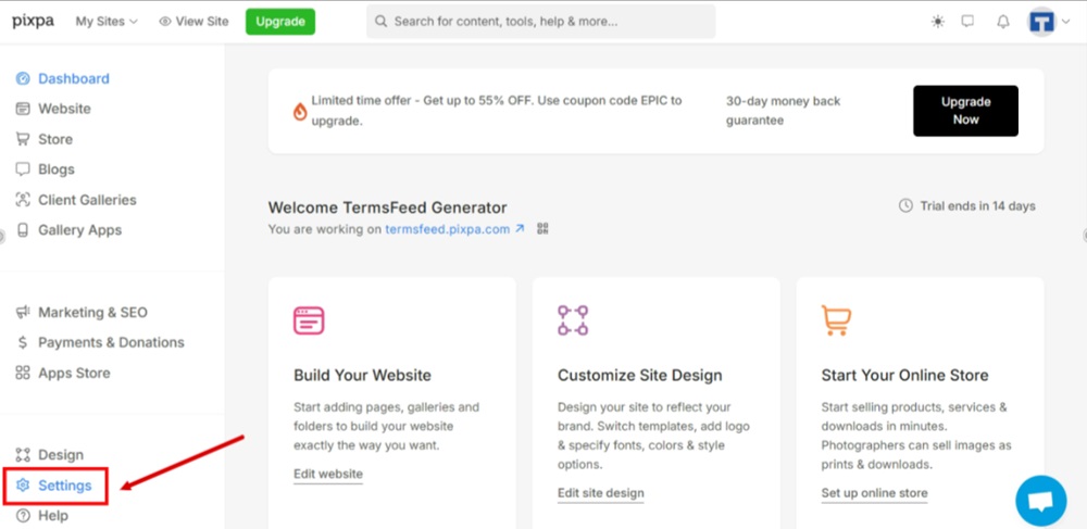 TermsFeed Pixpa - Dashboard - Settings