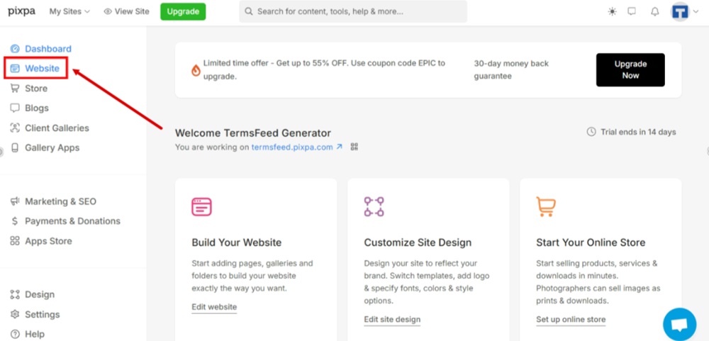 TermsFeed Pixpa - Dashboard - Website selected