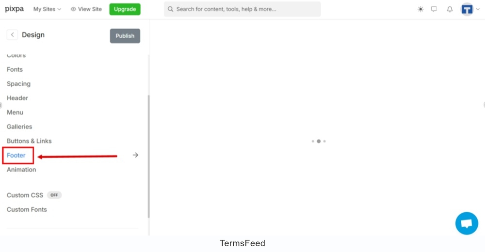 TermsFeed Pixpa - Design - Footer - open settings
